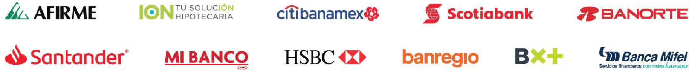 Instituciones financieras: Afirme, ION, Citibanamex, Scotiabank, Banorte, Santander, Mi Banco, HSBC, Banregio, BX+ y Banca Mifel